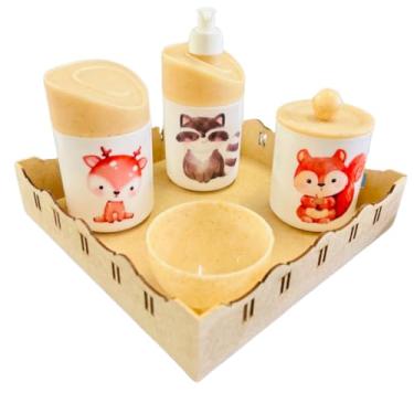 Imagem de Kit Higiene Bebê Floresta Encantada c/bandeja MDF - Menino e Menina (Quadrada Crua/Madeira)