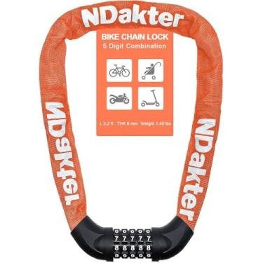 Imagem de NDakter Cadeado de corrente de bicicleta, combinação de 5 dígitos, trava de corrente de bicicleta resistente anti-roubo, trava de segurança reinicializável de 2,62/3,2/4,27/5/6 pés de comprimento para