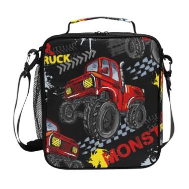 Imagem de Lancheira de carro caminhão monstro vermelha com isolamento térmico para crianças bolsa térmica bolsa térmica alça de ombro à prova d'água piquenique refeição para escola e escritório