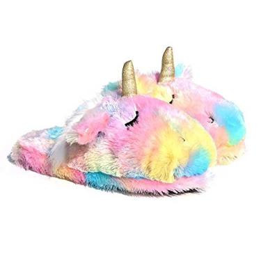 Imagem de Millffy Chinelos de unicórnio de peluche | lindas pantufas de pelúcia Rainbow Chama | sapatos de casa de pelúcia de alpaca | chinelos fofos para meninas, Unicórnio, 34/35 BR
