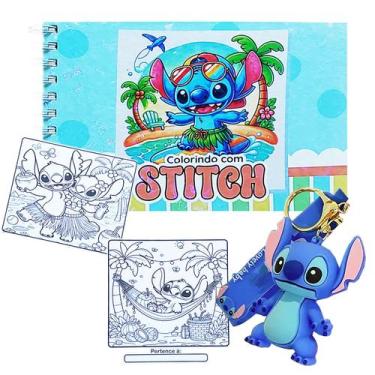 Imagem de Kit Stitch: Livro Colorir Papel Grosso Capa Dura Holográfico + Chaveir