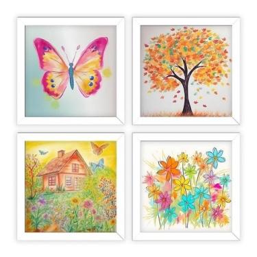 Imagem de Kit 4 Quadros Decorativos Quarto Infantil, Borboleta, Flores (Branco)
