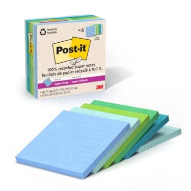 Imagem de Notas adesivas Post-it 100% papel reciclado, forrado, 10 x 10 cm, 6 blocos, 70 folhas por bloco, coleção Oasis, material escolar e produtos de escritório