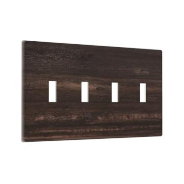 Imagem de Yamxbfa Capa de interruptor de luz rústica vintage marrom escuro grão de madeira 4 gangues decorativa quadriciclo interruptor de parede 4 furos placa de interruptor de dispositivo elétrico placa