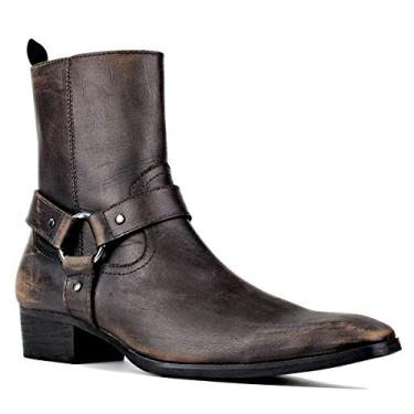 Imagem de OSSTONE Botas masculinas Chelsea de couro Chukka motociclista com salto lateral com zíper lateral botas de vestido retrô JY017, Marrom vintage, 8