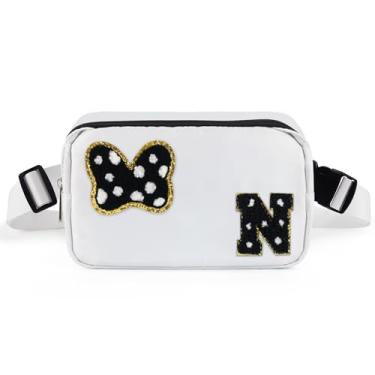 Imagem de Pochete com laço com letra inicial de chenille, bolsa tiracolo impermeável para parque, presentes de aniversário de Natal para adolescentes, meninas, mulheres, crianças, adultos, bolsa de cinto fofa