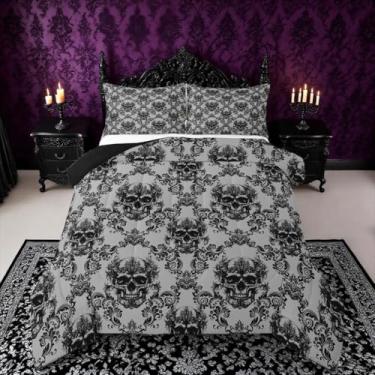 Imagem de jejeloiu Conjunto de edredom de caveira gótica preta para adultos, vintage, boêmio, damasco, floral, estilo barroco, para meninos e meninas, adolescentes, temática de Halloween, edredom para decoração