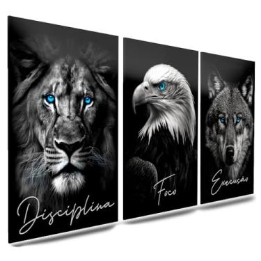 Imagem de Kit 3 Quadro Decorativo Sala Quarto Leão Águia Lobo Motivacional Disciplina Foco Execução (14)