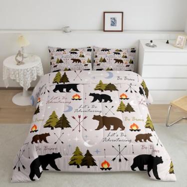 Imagem de jejeloiu Conjunto de cama king size para crianças, acampamento, feliz, para meninos, meninas, adolescentes, caça, urso, respirável, macio, leve, conjunto de edredom de microfibra