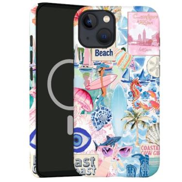 Imagem de kiritfox Capa magnética para iPhone 15, capa rígida híbrida de 2 camadas, à prova de choque para meninas e mulheres [compatível com MagSafe] - Flor de água-viva colagem da costa oeste