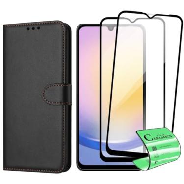 Imagem de Kit Capa Carteira Flip com 2 Películas de Proteção Cerâmica Compatível Samsung Galaxy A25, Preto