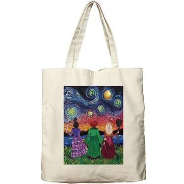 Imagem de Dlzdn Sacola de lona de Halloween para mulheres estética Hocus Pocus Van Gogh Starry Night Tote Bag Sacola de compras Sacola de compras Bolsa de Praia, Presentes para Mulheres Bolsa de Professor