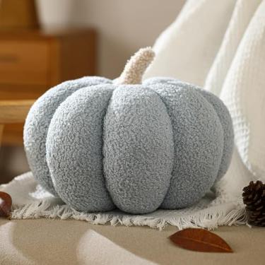 Imagem de YRXRUS Travesseiros de abóbora de Halloween, almofadas azuis em forma de abóbora, presentes, decoração de quarto de outono, travesseiro pequeno fofo de Halloween, travesseiro de lã de pelúcia pequeno