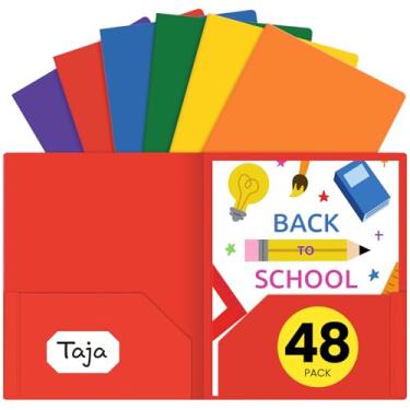 Imagem de Pastas de plástico com bolsos (pacote com 48, cores brilhantes sortidas), 2 pastas de bolso com compartimento para cartão de visita, pastas resistentes que servem para documentos de tamanho carta