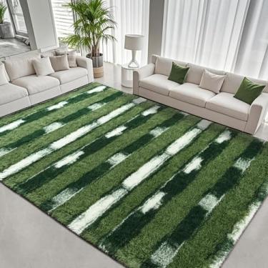 Imagem de FALARK Tapete felpudo fofo de 1,5 x 1,8 m, verde e branco, tapete felpudo retangular para sala de estar, carpete macio e felpudo para quarto, tapete lavável antiderrapante para uso interno, decoração