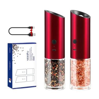 Imagem de Vzaahu Gravity Electric Pepper and Salt Grinder Set of 2 - Rechargeable, Refillable, Adjustable Coarseness, Stainless Steel Salt Pepper Mill with LED light - One Hand Operation, Red