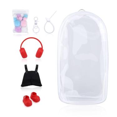 Imagem de Tinoaly Conjunto de Roupas para Boneca, Inclui Jardineira Fofa Fones Decorativos Botas Chaveiro com Pompom Caixa Transparente de Exposição Acessórios para Bonecas 15cm & 17cm