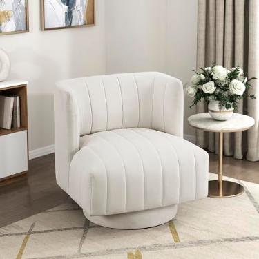 Imagem de Lexicon Cadeira giratória com detalhes em tecido texturizado, estofada de 360 graus, com canal tufado, assento confortável, para sala de estar, quarto, escritório, fácil montagem, bege