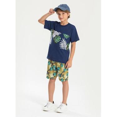 Imagem de Conjunto Verão Menino Marinho Camiseta e Bermuda Folhagens e Dinossaur