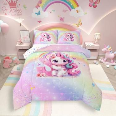 Imagem de Conjunto de edredom solteiro para meninas, arco-íris, rosa, unicórnio, galáxia, estrelas, gradiente, glitter, para decoração de quarto de princesa, kawaii, fofo, alfabeto, letra P, edredom