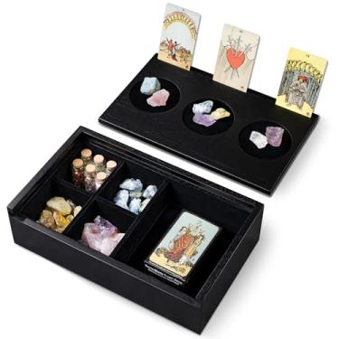 Imagem de Emfogo Porta-cartão de tarô e caixa de altar de bruxa, suporte de exibição de madeira com design de slot duplo comporta até 8 cartas, caixa de tarô forrada de veludo para baralhos, cristais