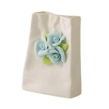 Imagem de WeiLaiKeQi Vaso de flores de porcelana, decoração de mesa para casa, vaso amassado à mão, suporte para flores para sala de estar, estante, hotel, férias, Azul