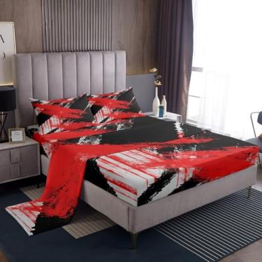 Imagem de jejeloiu Jogo de lençol Queen com arte abstrata, geométrico, moderno, cinza, preto e vermelho, para decoração de quarto