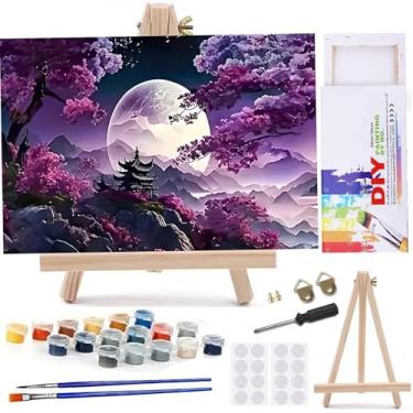 Imagem de MaiMMaledy Kit de pintura por números 30 x 20 cm de largura para adultos e iniciantes com pintura emoldurada pigmento acrílico com triângulo de madeira cavalete lua