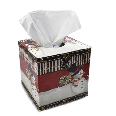 Imagem de Capa de caixa de lenços de couro de madeira de Natal - Porta-lenços quadrado festivo para decoração de casa, loja e restaurante - Dispensador de cubo vintage (mesa/banheiro/escritório de carro) (homem