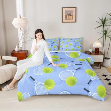Imagem de Erosebridal Conjunto de edredom infantil de tamanho casal, bola azul de microfibra para meninos e meninas amantes de tênis, bola de raquete esportiva respirável, enchimento de edredom para quarto