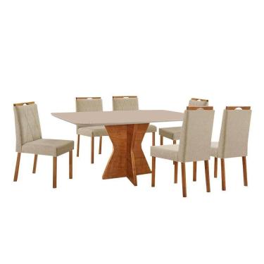 Imagem de Conjunto Sala De Jantar Mesa Madri 160x90cm Tampo Retângular Vidro Off White Com 6 Cadeiras Bela Linho Bege