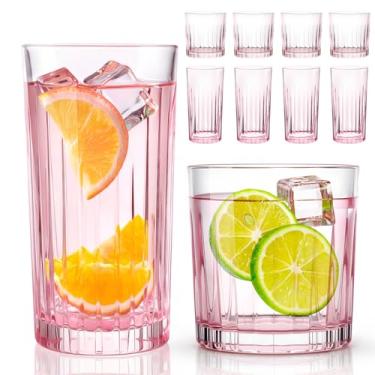 Imagem de Laerjin Conjunto de 8 copos de bebida, copos altos de 340 g e conjunto de copos de coquetel de 293 ml, copos de vidro, conjuntos de copos para coquetéis, cerveja, vinho, uísque, água e suco (rosa)