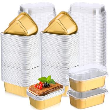 Imagem de Vesici 100 conjuntos de mini formas de pão com tampas, copos descartáveis de folha de alumínio de 162 g, formas de bolo retangulares para pudim, sobremesas, armazenamento de muffins, suprimentos de