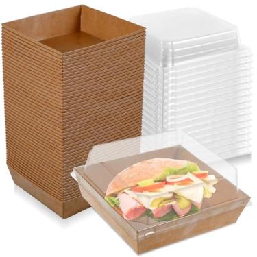 Imagem de PoDhey 50 caixas de sobremesa de papel com tampas transparentes 590 ml caixas de charcutaria reutilizáveis resistentes à gordura recipientes de fatia de bolo selados caixa de armazenamento de cupcake