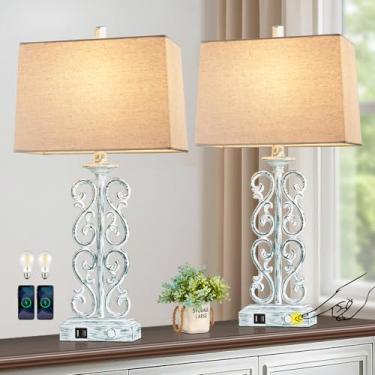 Imagem de AIEAMPDO Conjunto de 2 lâmpadas de mesa de resina de toque de 63,5 cm para sala de estar com portas USB duplas reguláveis de 3 vias, lâmpadas rústicas de fazenda para quarto de cabeceira, decoração de