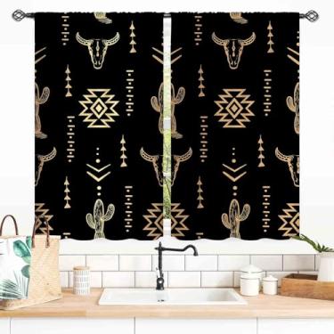 Imagem de Cortinas ocidentais para sala de estar, estampa de vaca retrô rústica, tribal, sudoeste, tribal, asteca, caveira, fazenda, campo, blecaute, janela, tratamentos para quarto, banheiro, cozinha, 139 x 99