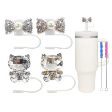 Imagem de 4 peças de capa de canudo com laço de gato de 10 mm para copo Stanley, topo de canudo à prova de poeira para copos de 30 e 1,134 g e garrafas de água, acessórios reutilizáveis para copos Stanley