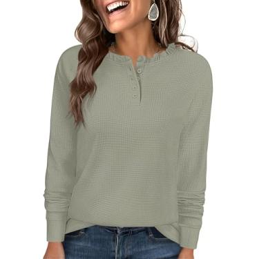 Imagem de Kopinma Túnica feminina de malha waffle de manga comprida com botões Henley, Verde, P