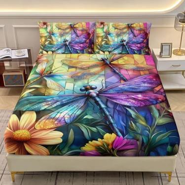 Imagem de AILONEN Jogo de lençol solteiro com elástico Dragonfly, tamanho GG, estilo vitral, floral com libélulas e flores coloridas, lençol macio com bolso profundo com 2 fronhas - Roupa de cama com estampa