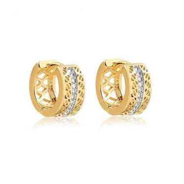 Imagem de Brinco Clic Detalhes Vazados Filete Folheado Ouro Zircônia - Radhau Jo