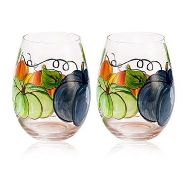 Imagem de Yuthsona 2 peças de taças de abóbora pintadas à mão para Ação de Graças, taça de vinho, outono, decoração de mesa com haste para anfitriã, presentes perfeitos (sem abóbora)