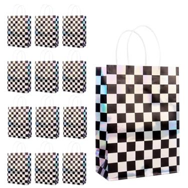 Imagem de Klmnop 24 peças de sacos de petiscos iridescentes quadriculados para carros de corrida, lembrancinhas de festa de carro de corrida com alças, sacos de presente de doces de papel xadrez preto e branco
