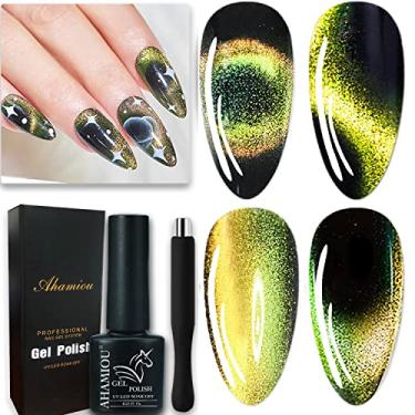 Imagem de AHAMIOU Esmalte de unhas 9D Cat Eye Gel magnético holográfico para olhos de gato com efeito mágico camaleão e bastão magnético (amarelo e verde)