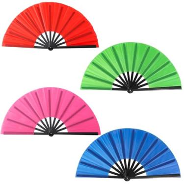 Imagem de 4 peças de leques de mão dobráveis grandes de 33 cm para leques de rave ventiladores de pano, dobráveis para botas de dança no chão, festivais, decoração de festa de casamento ao ar livre (azul, rosa