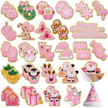 Imagem de 50 peças de adesivos rosa de Natal adesivos de chenille autoadesivos bordados árvore de Natal de inverno boneco de neve pinguim bastão para mochilas, chapéus, bolsas, suéteres, meias