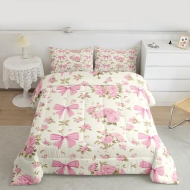Imagem de jejeloiu Conjunto de edredom com laço floral para meninas, tamanho casal, com laço rosa, para crianças, meninos, gravata borboleta, edredom para decoração de quarto, 3 peças com 2 fronhas