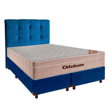 Imagem de Cama + Box Azul e Colchão Ortobom Molas Ensacadas Queen - Airtech + Cabeceira