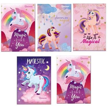 Imagem de Kit 5 Cadernos Unicórnio Brochurão 96 Folhas Costurado Menina Capa Dur
