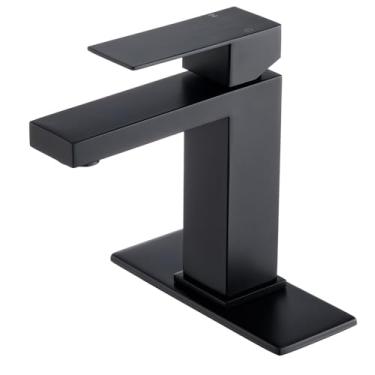 Imagem de WINKEAR Torneira de banheiro preta, torneira de pia de banheiro de aço inoxidável com tampa de drenagem pop-up e mangueiras de água, torneira de banheiro fácil de instalar 1 orifício para pia de