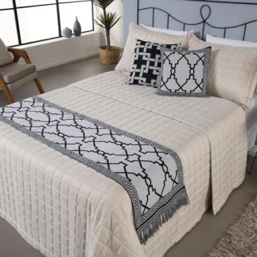 Imagem de Kit Peseira Manta de Cama Sofá Queen King Grécia 5 Peças Tecido Jacquard Acompanha Almofadas Cheias (Preto, Queen)